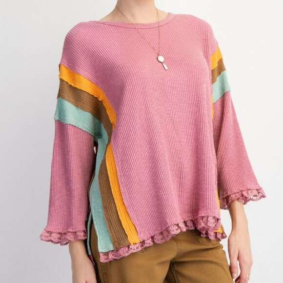 NWT Easel Color Block Rib Knit Top With Lace Bottom Hem In Lipstick Pink Plus & - Picture 2 of 5